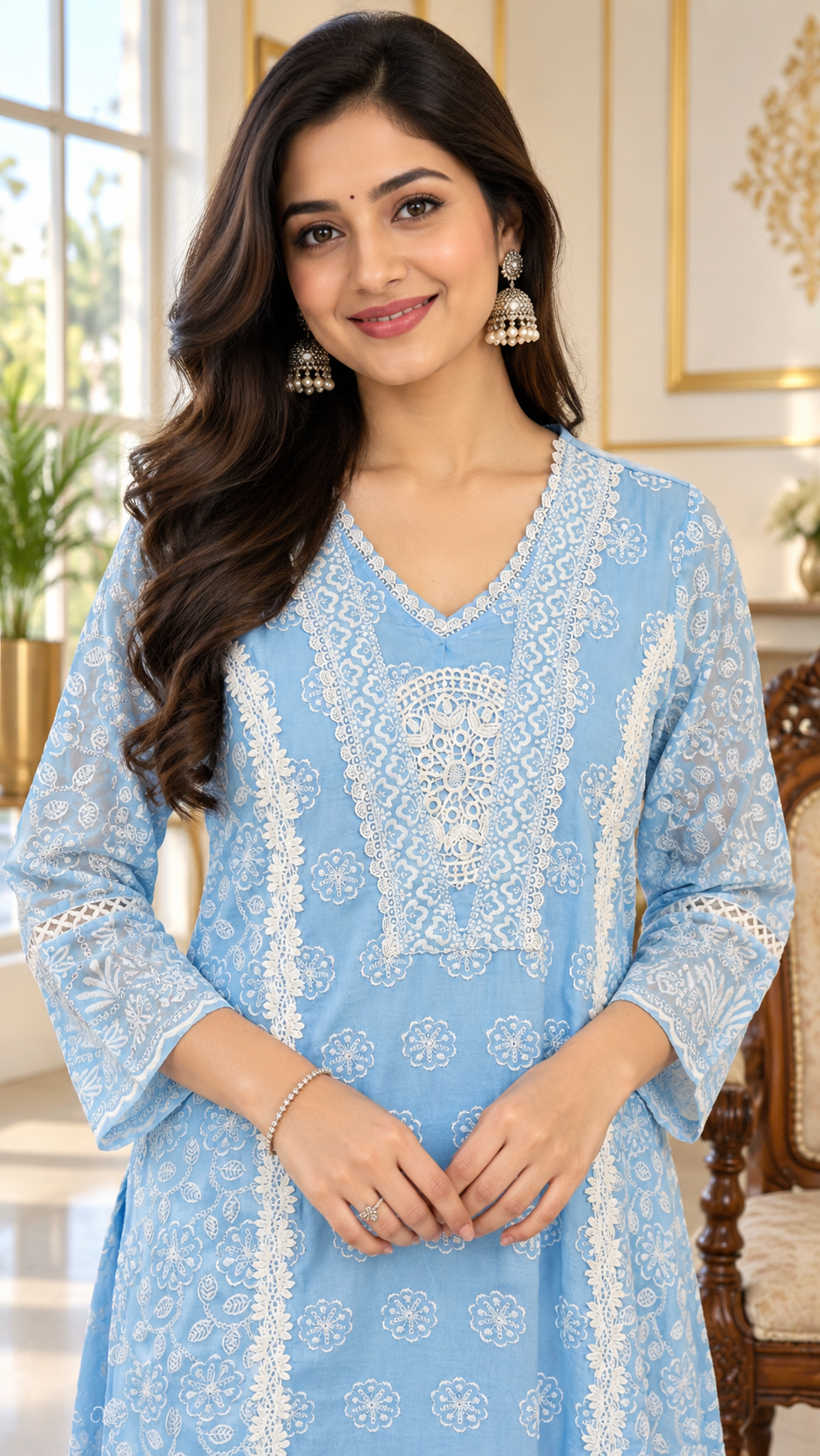 Sky Blue Lucknowi Chikankari Mul Cotton kurta pant dupatta set for women - image 1