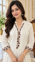 White Embroidered Cotton kurta pant dupatta set for women - image 1