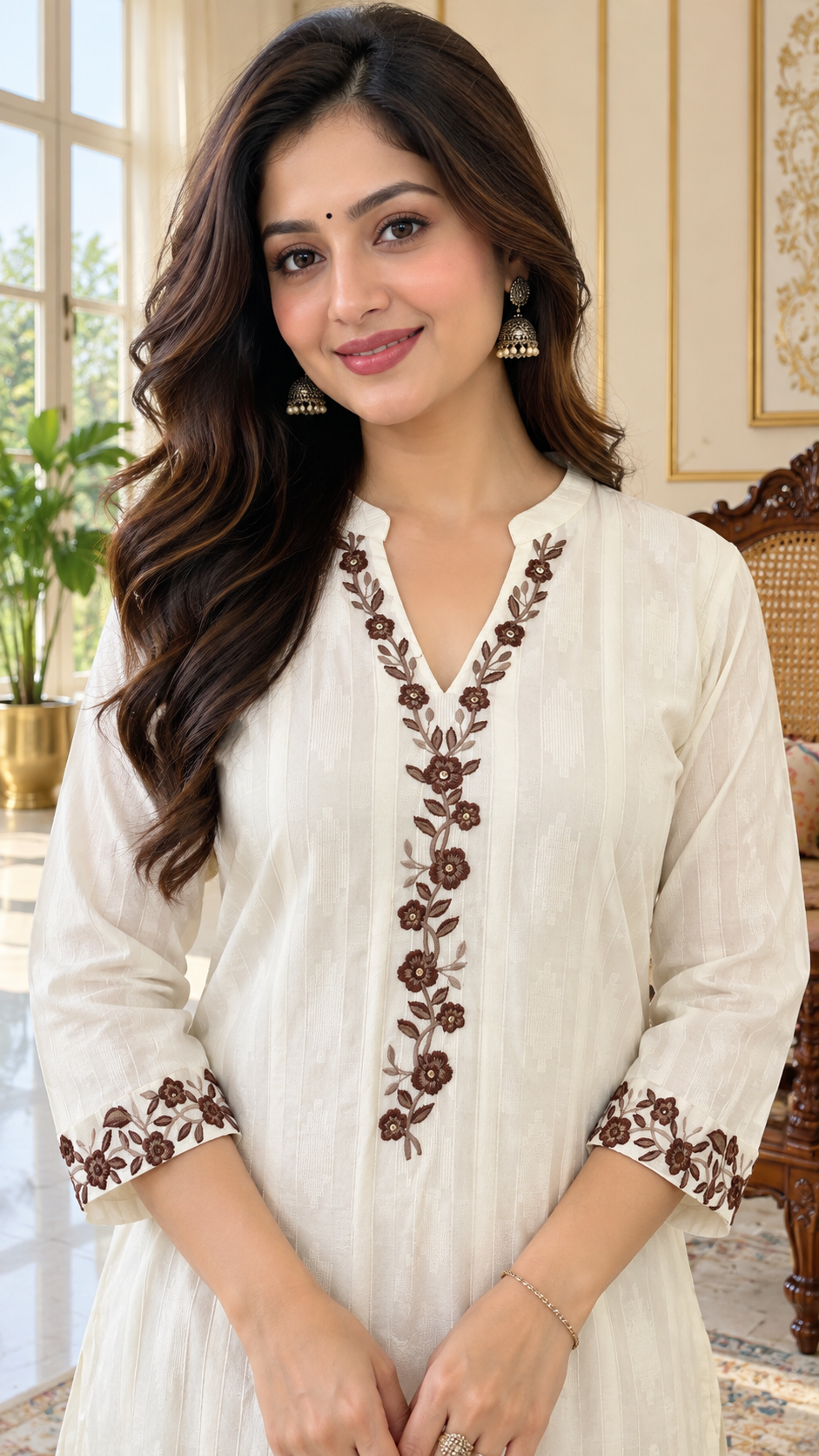White Embroidered Cotton kurta pant dupatta set for women - image 1