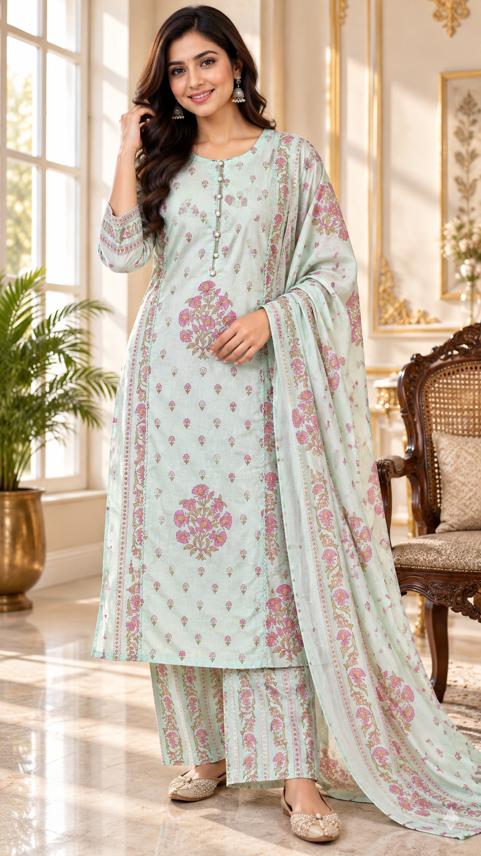 Sky Blue Printed Cotton kurta pant dupatta set for women - image 1