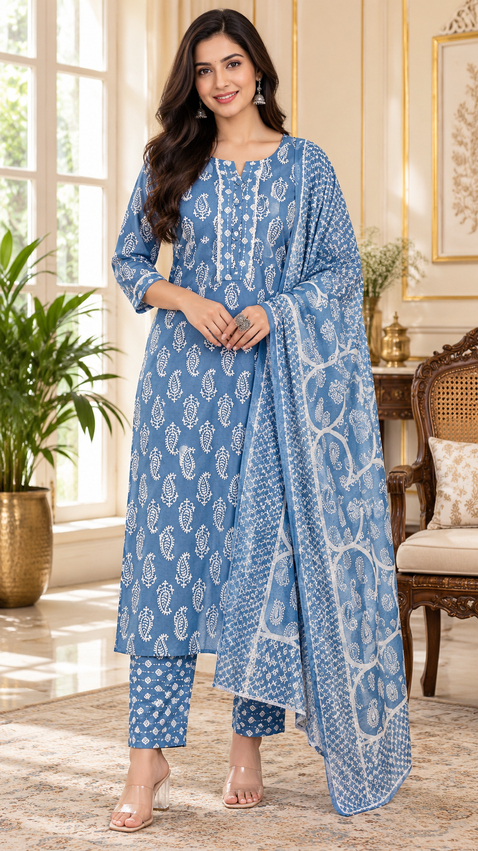 Blue Printed Cotton kurta pant dupatta set for women - image 2