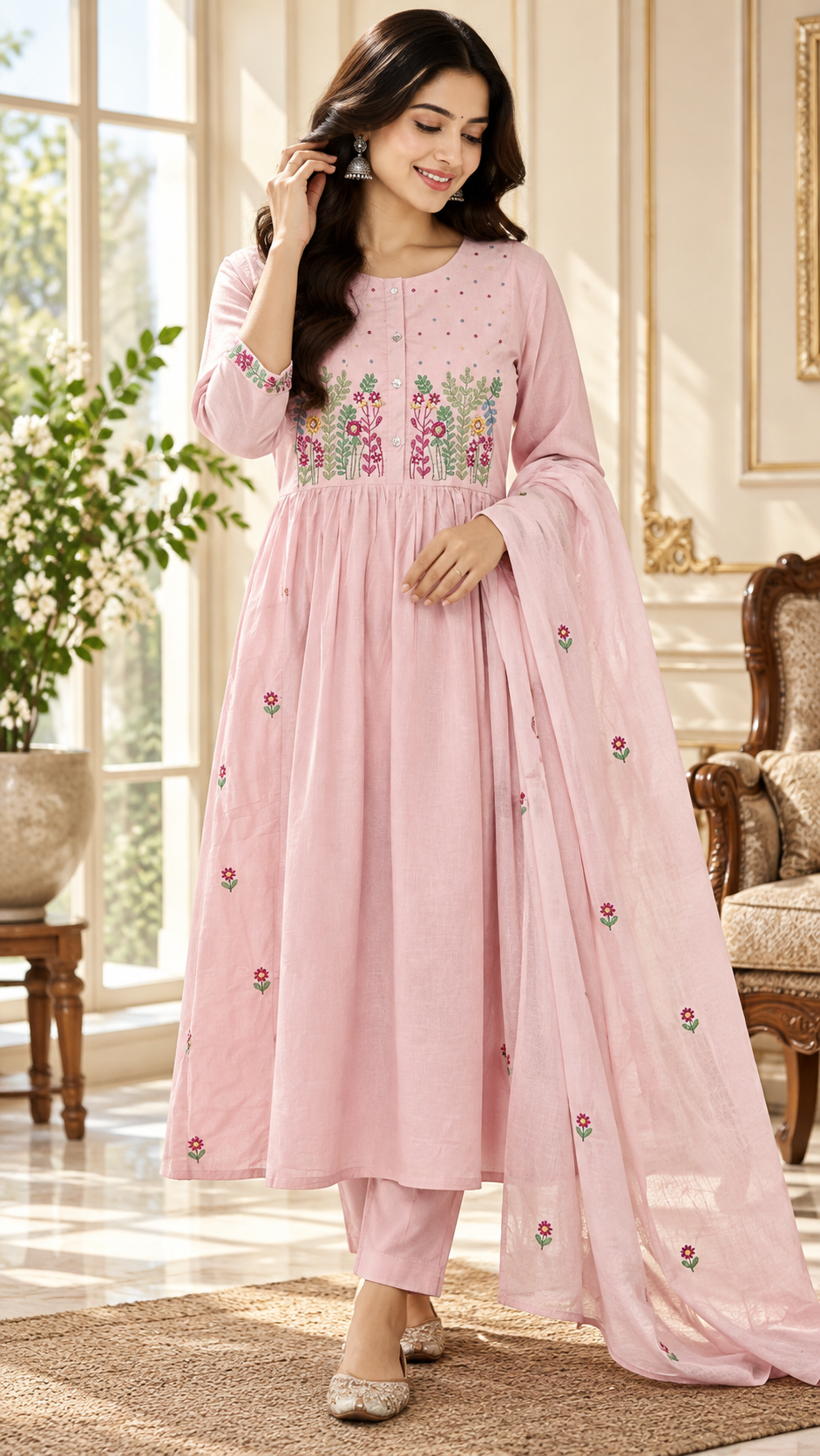 Pink Embroidered Cotton kurta pant dupatta set for women - image 2