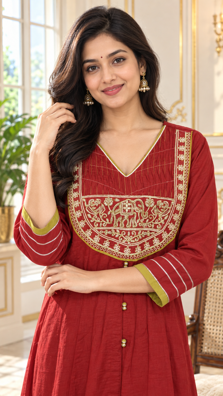 Maroon Zari Work Cotton kurta pant dupatta set for women - image 2