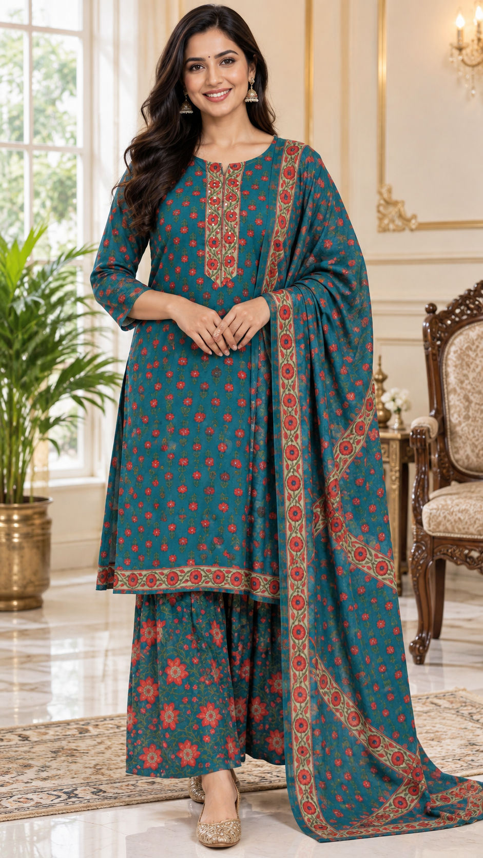 Teal Blue Printed Cotton kurta skirt dupatta set for women - image 2