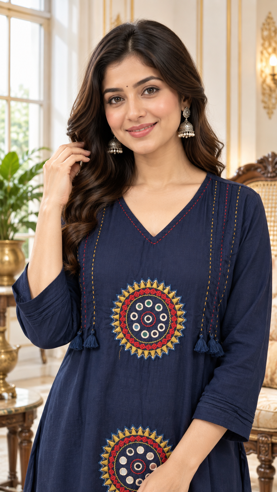 Blue Mirror Work Cotton kurta pant dupatta set for women - image 1