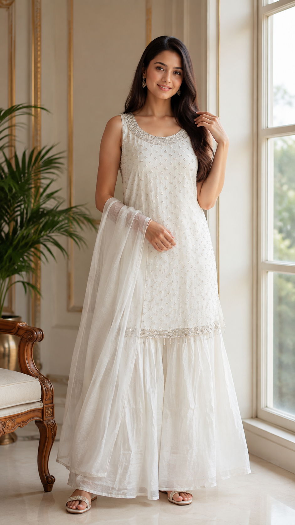 Women White Hand Embroidered Mul Chanderi Sharara Set