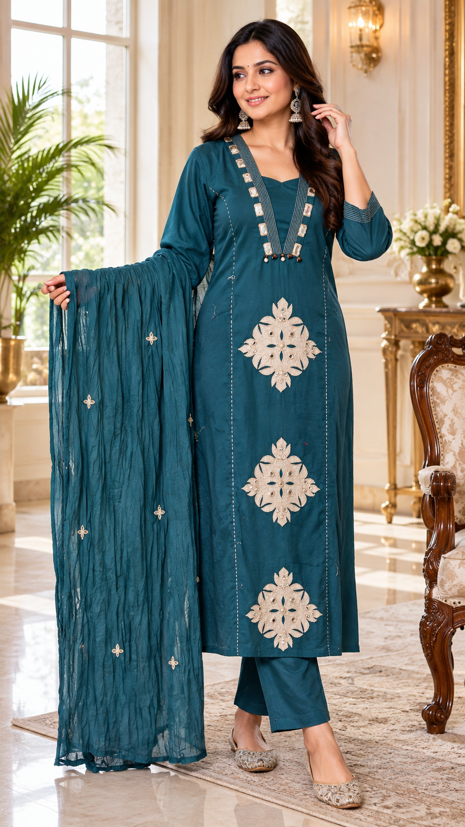 Blue Embroidered Cotton kurta pant dupatta set for women - image 2