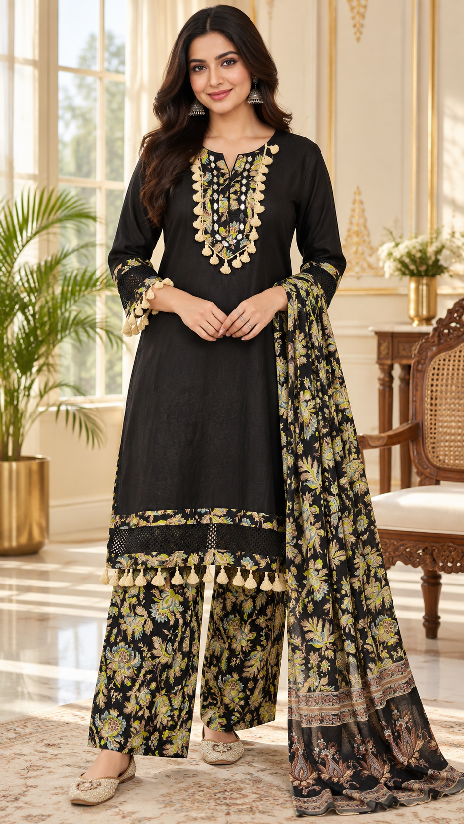Black Embroidered Cotton kurta pant dupatta set for women - image 2