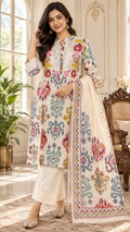 Beige Embroidered Cotton kurta pant dupatta set for women - image 1