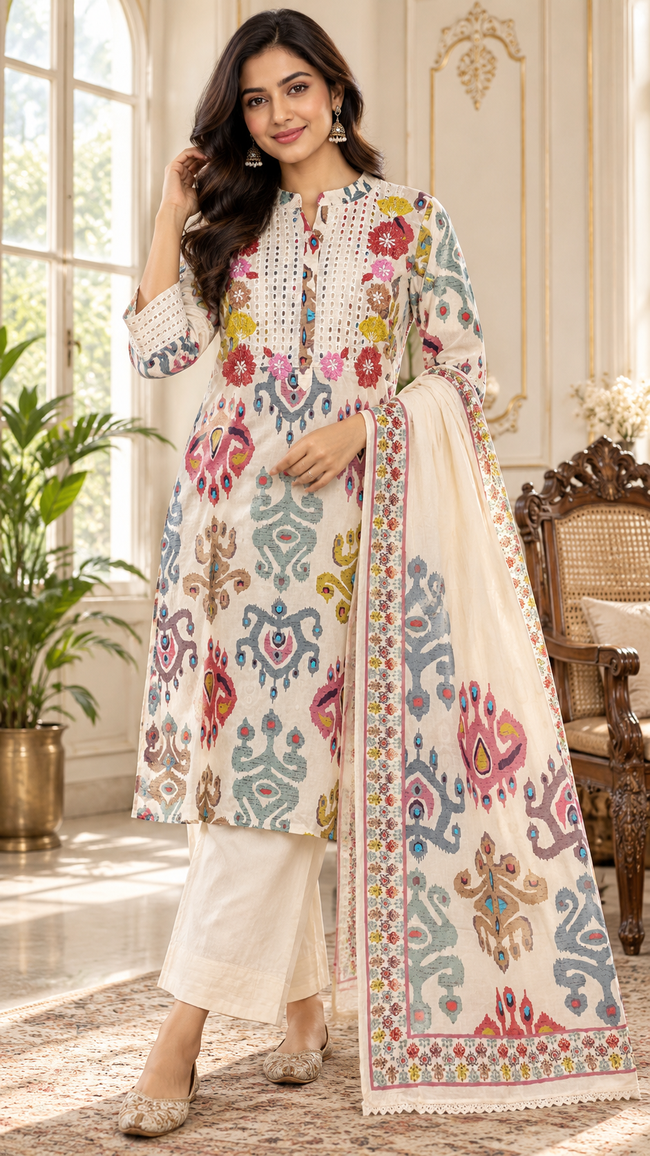 Beige Embroidered Cotton kurta pant dupatta set for women - image 1