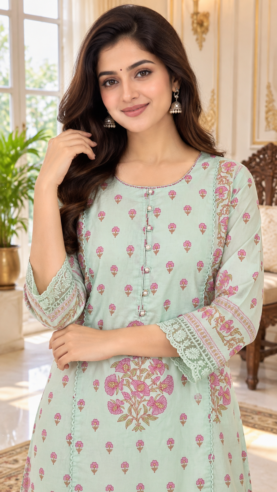 Sky Blue Printed Cotton kurta pant dupatta set for women - image 2