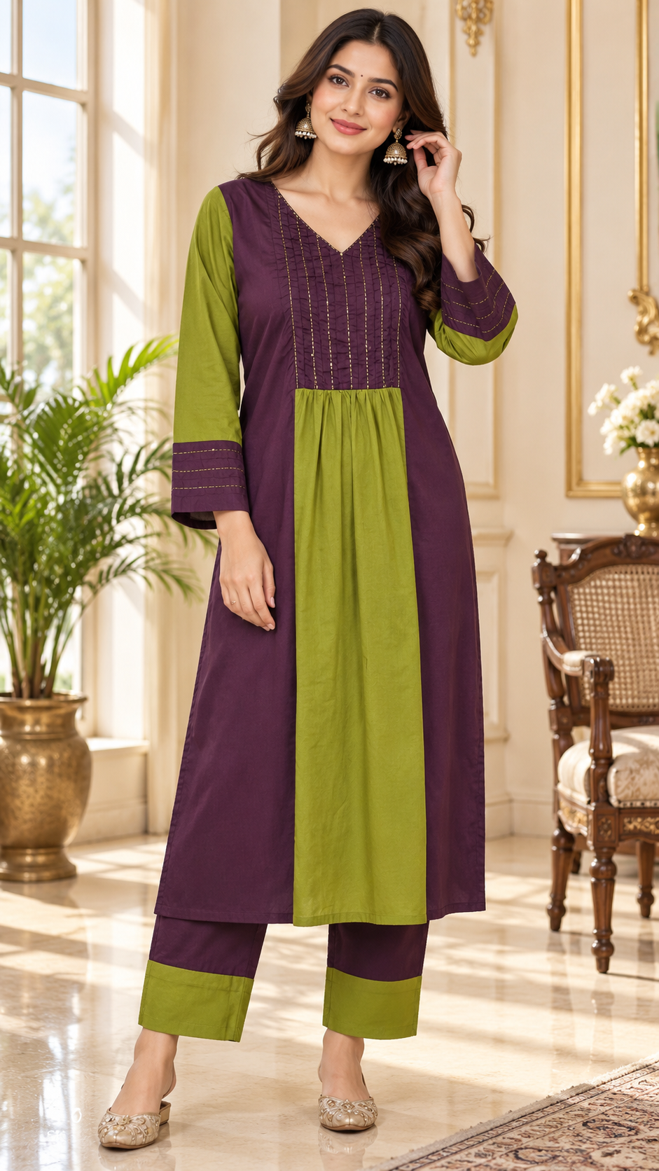 Purple Embroidered Cotton kurta pant dupatta set for women - image 2