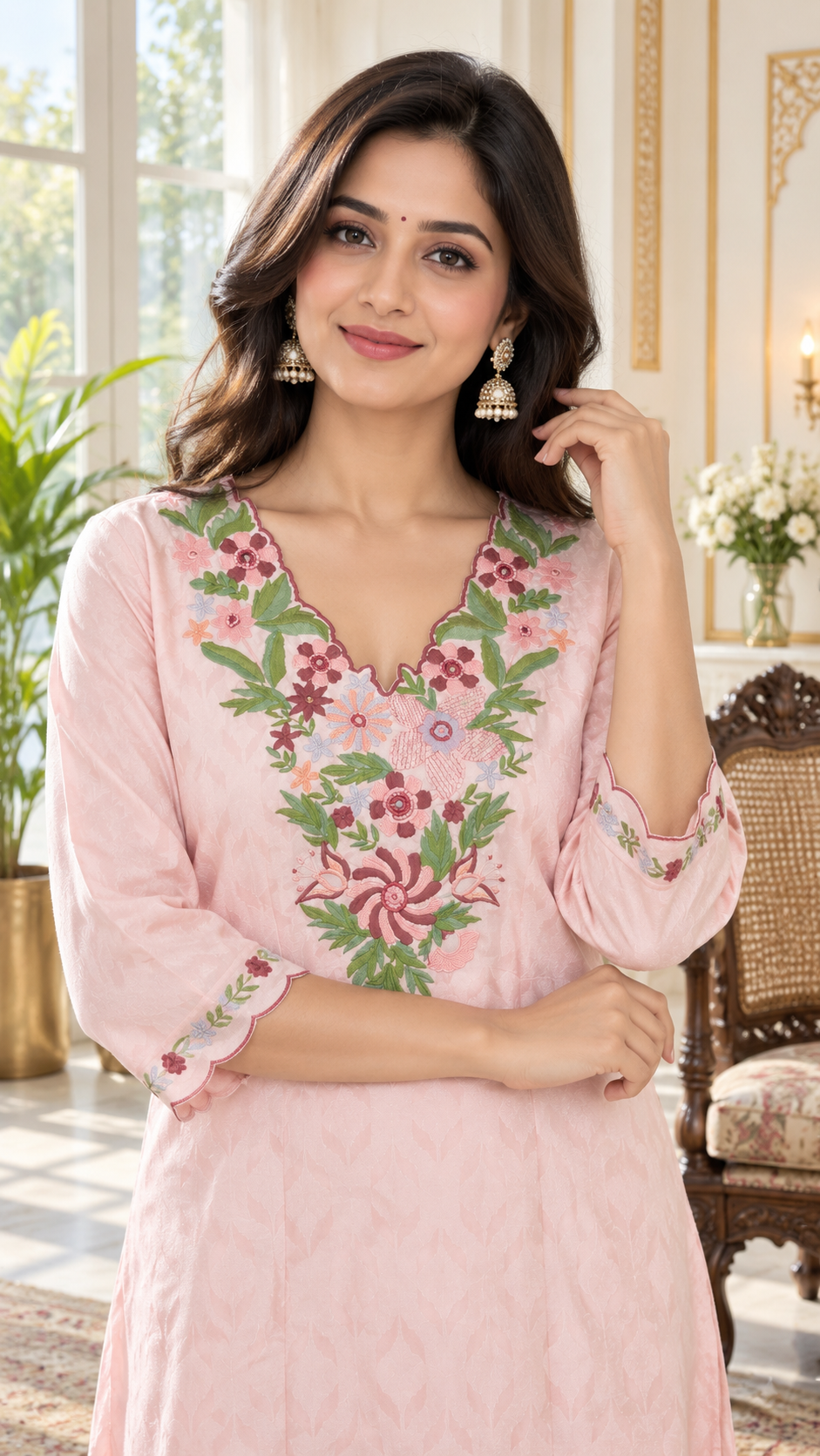 Pink Embroidered Cotton kurta pant dupatta set for women - image 2