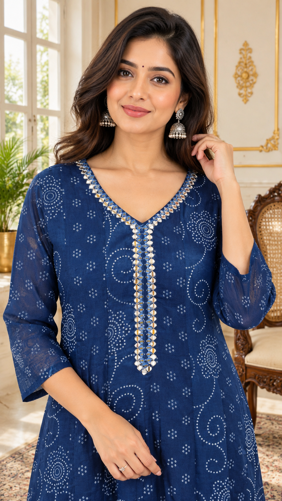 Blue Bandhani Print Cotton kurta pant dupatta set for women - image 2
