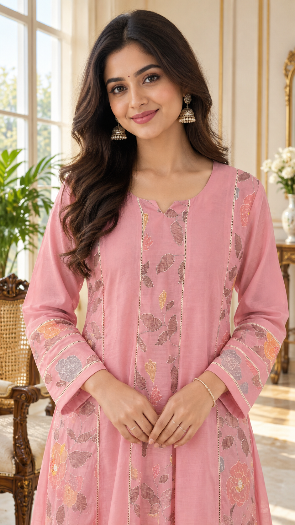 Pink Embroidered Silk kurta pant dupatta set for women - image 1