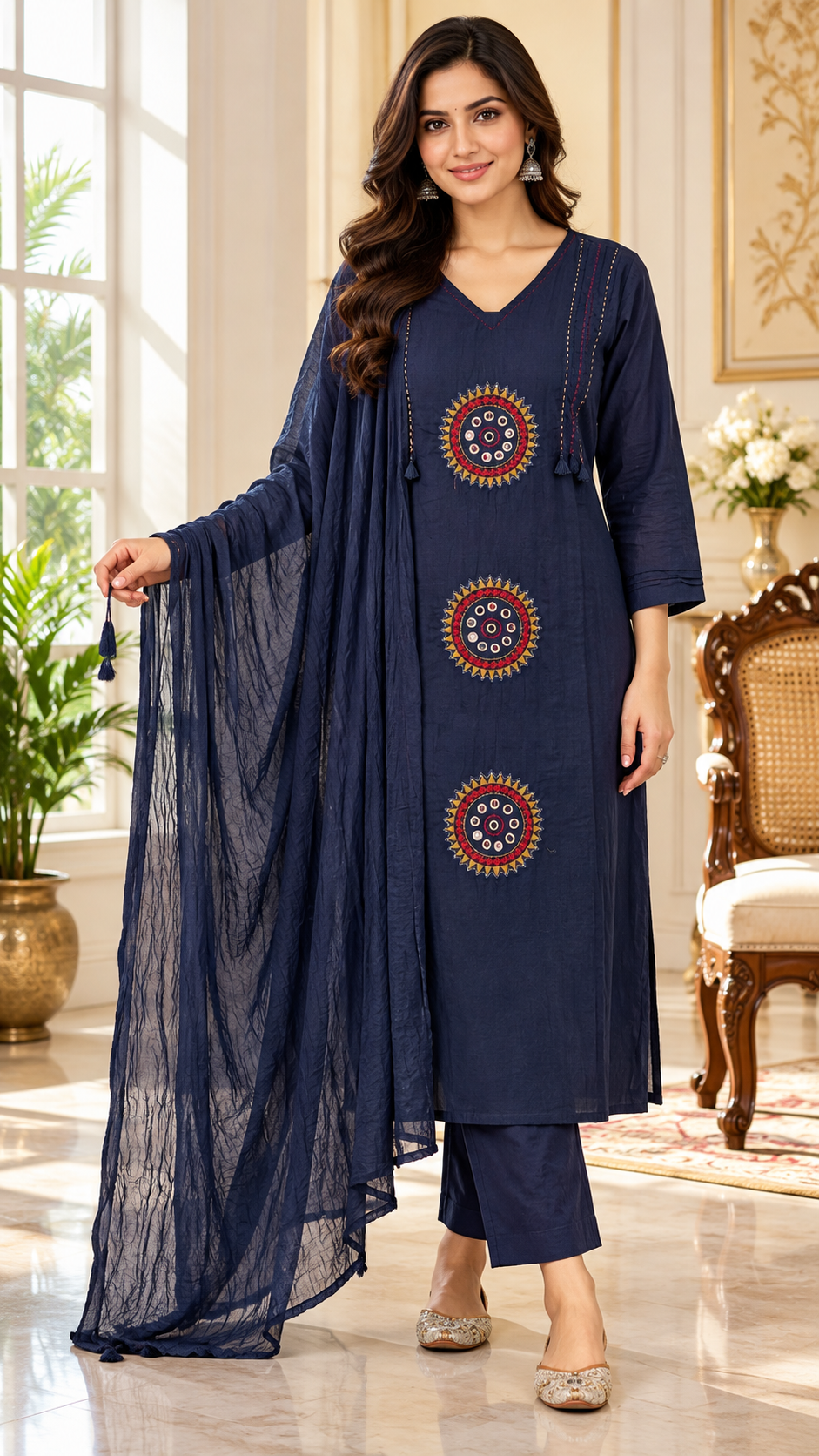 Blue Mirror Work Cotton kurta pant dupatta set for women - image 2
