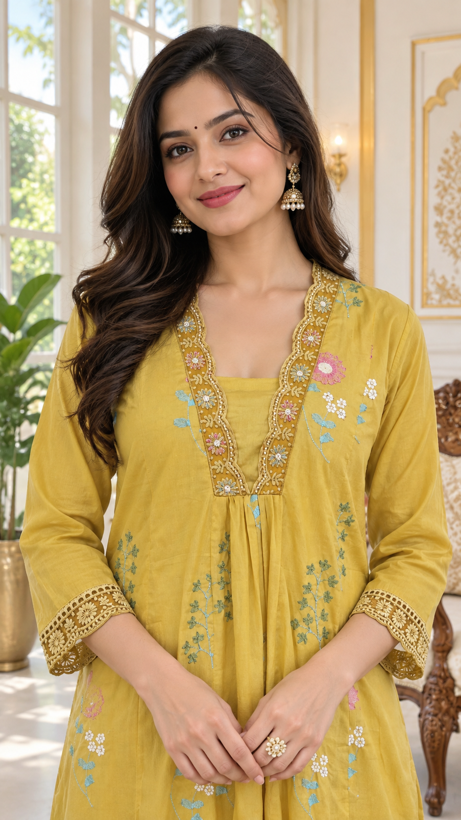 Yellow Embroidered Cotton kurta pant dupatta set for women - image 1