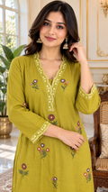 Mustard Yellow Embroidered Cotton kurta pant dupatta set for women - image 1