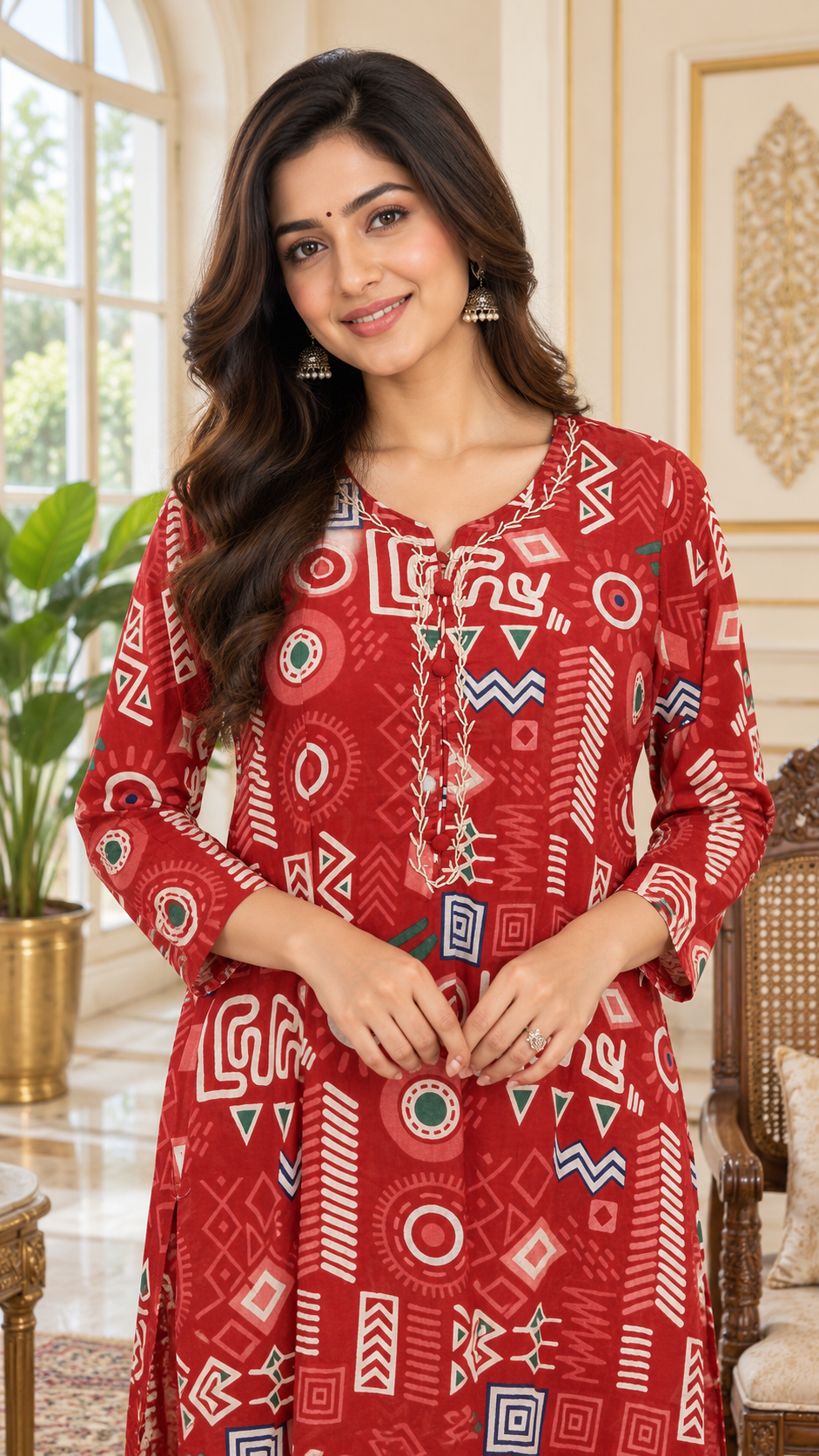 Red Printed Cotton kurta pant dupatta set for women - image 2