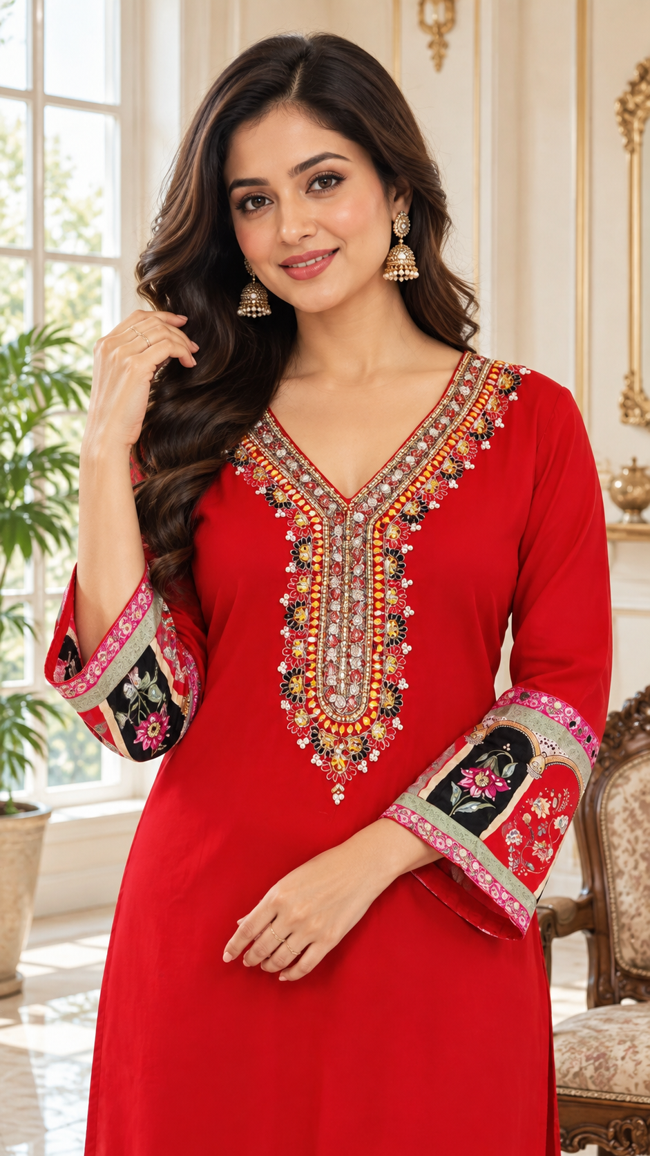Red Embroidered Silk kurta pant dupatta set for women - image 1