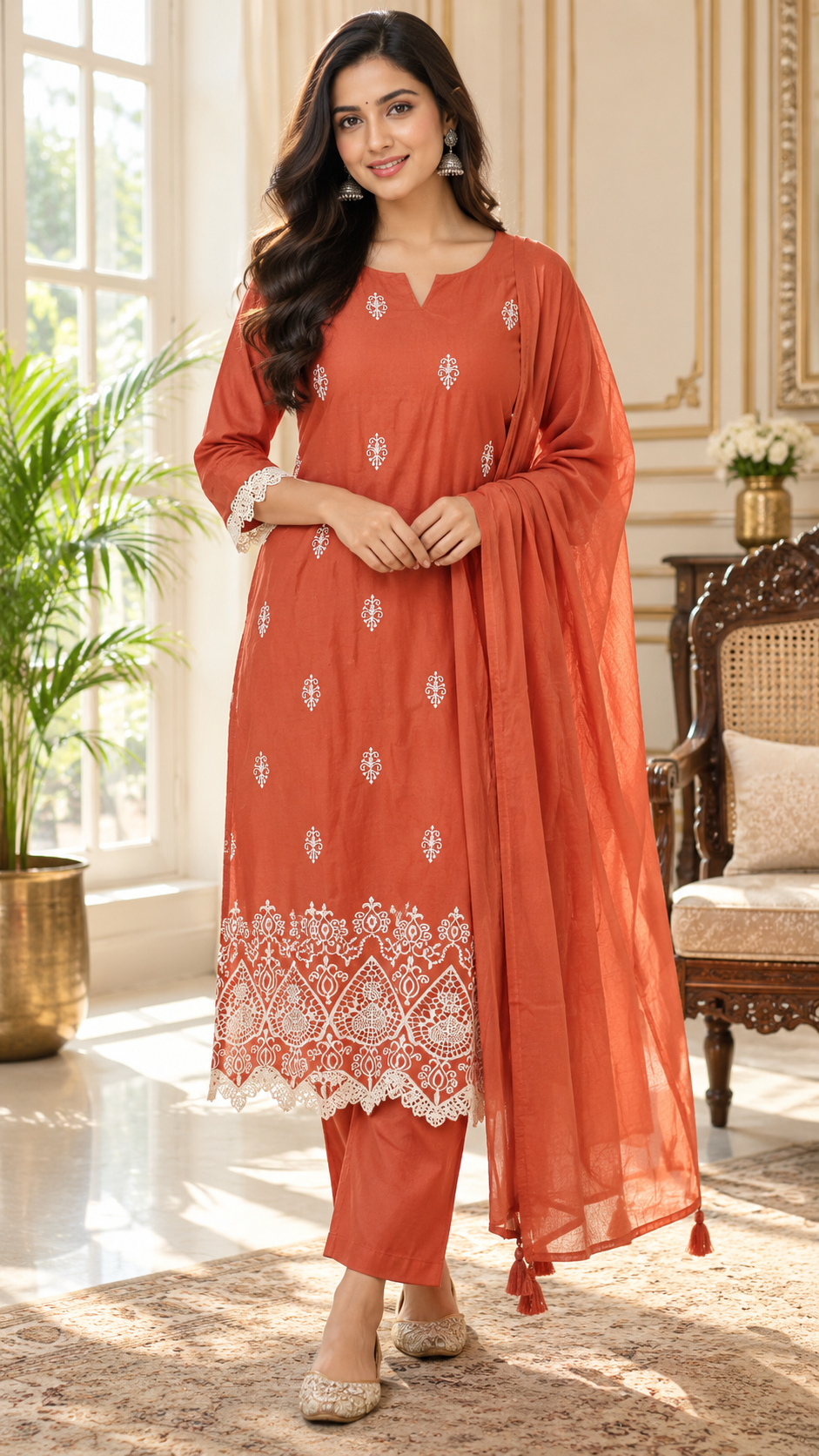 Orange Embroidered Cotton kurta pant dupatta set for women - image 2