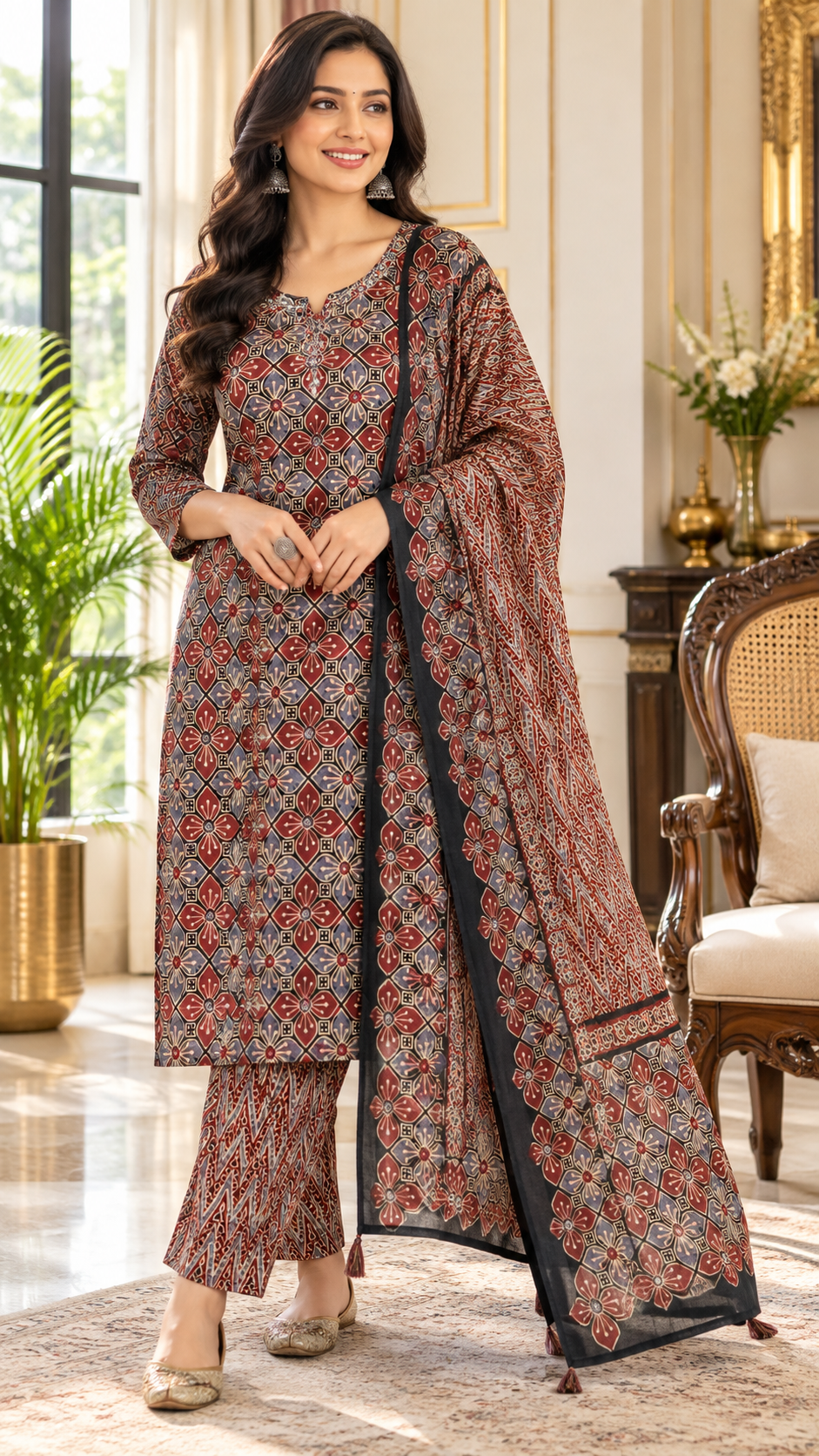 Brown Mirror Work Cotton kurta pant dupatta set for women - image 2
