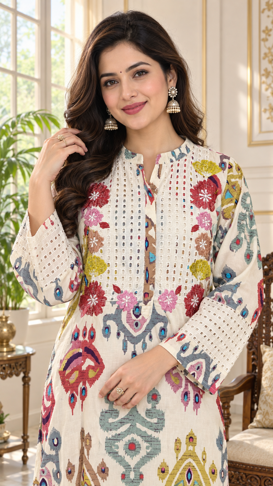 Beige Embroidered Cotton kurta pant dupatta set for women - image 2