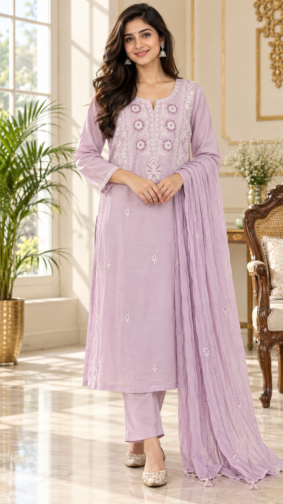 Lavender Embroidered Cotton kurta pant dupatta set for women - image 1