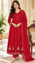 Red Embroidered kurta pant dupatta set for women - image 1