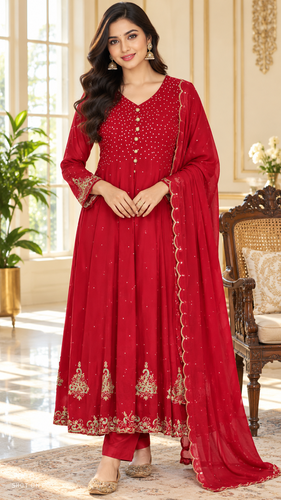 Red Embroidered kurta pant dupatta set for women - image 1