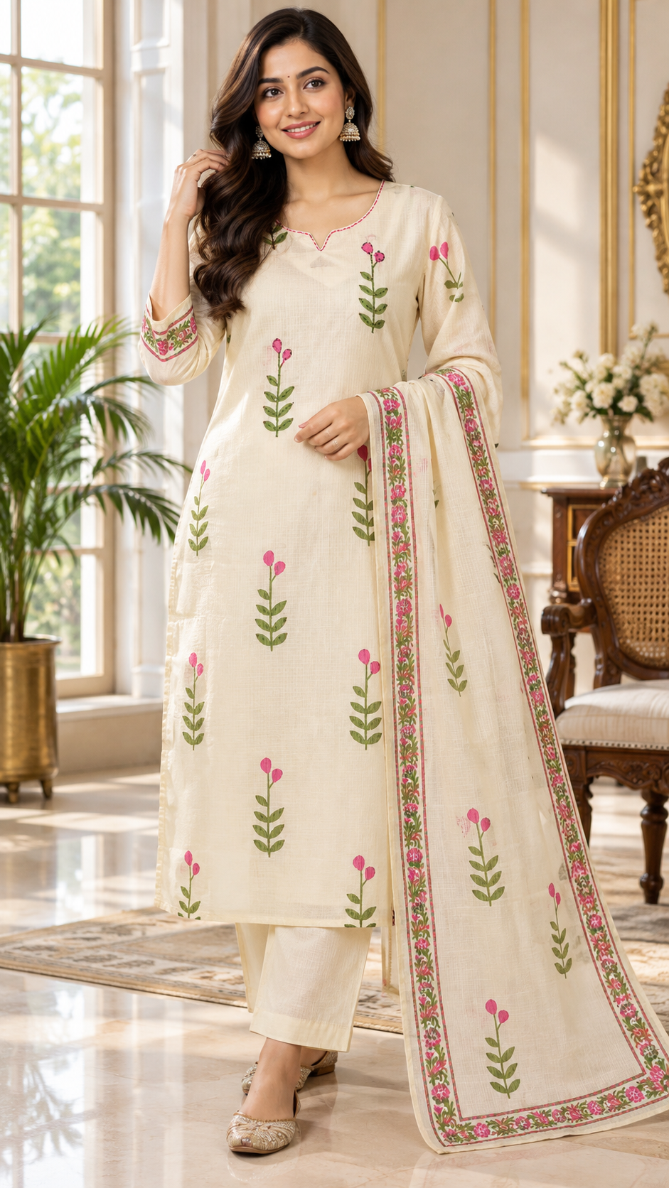 White Printed Kota Cotton kurta pant dupatta set for women - image 2