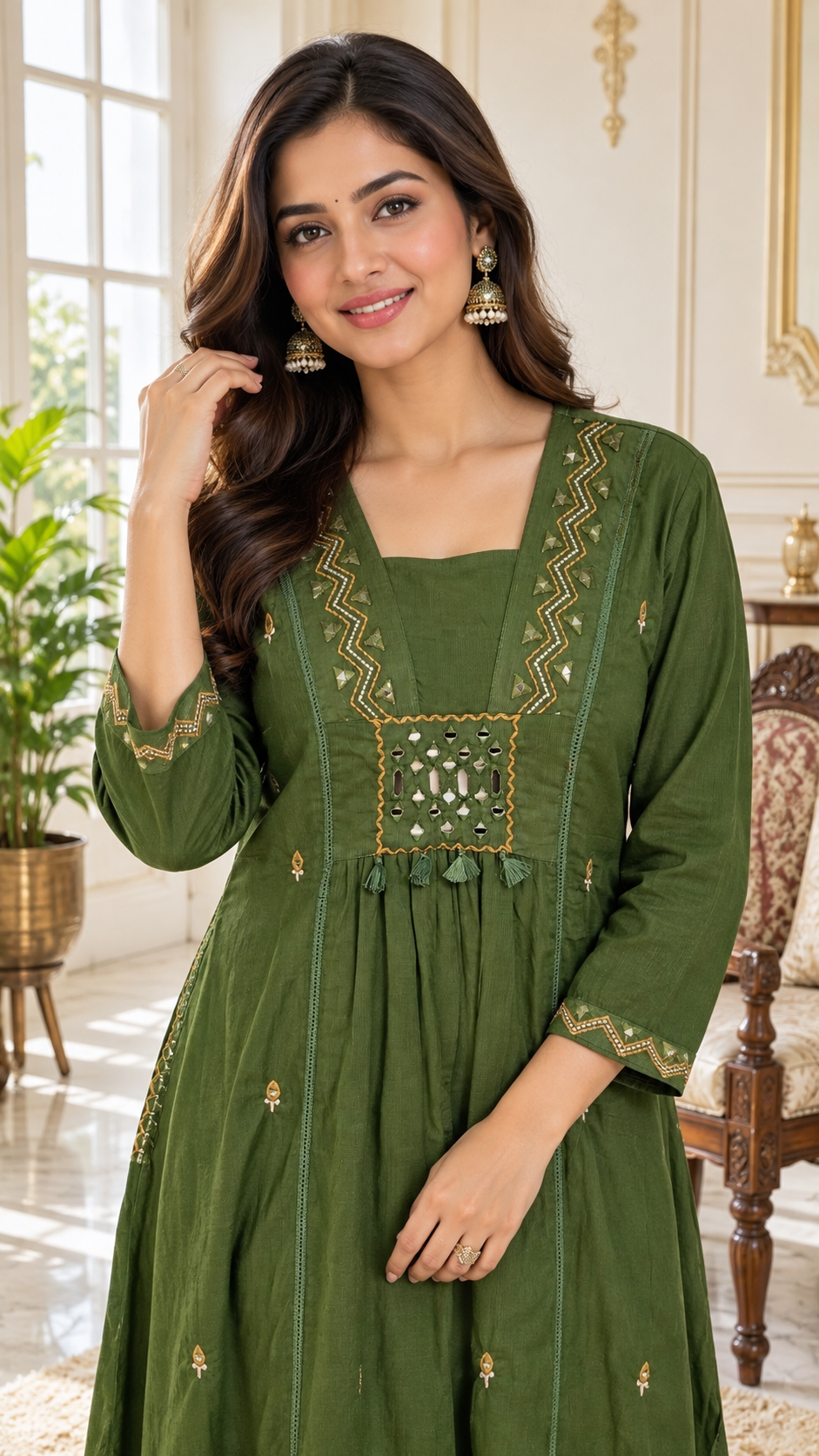 Olive Green Mirror Work Cotton kurta pant dupatta set for women - image 2