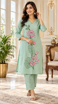 Green Embroidered Cotton kurta pant set for women - image 1