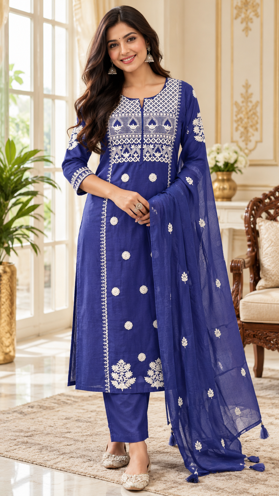 Purple Embroidered Cotton kurta pant dupatta set for women - image 2