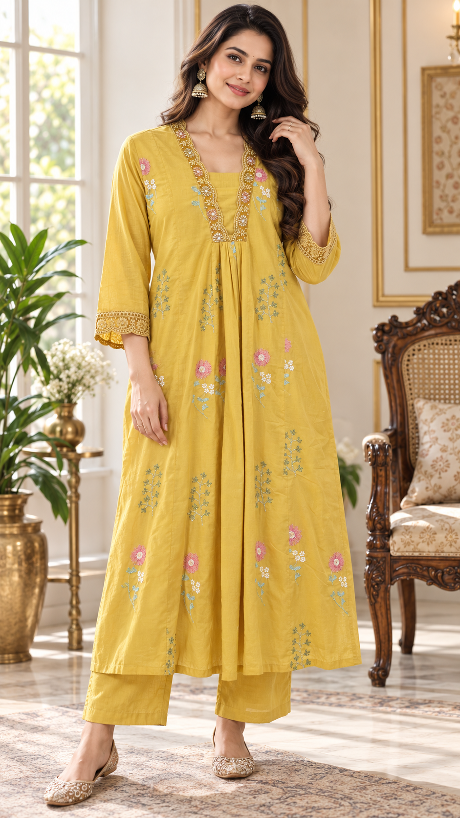 Yellow Embroidered Cotton kurta pant dupatta set for women - image 2
