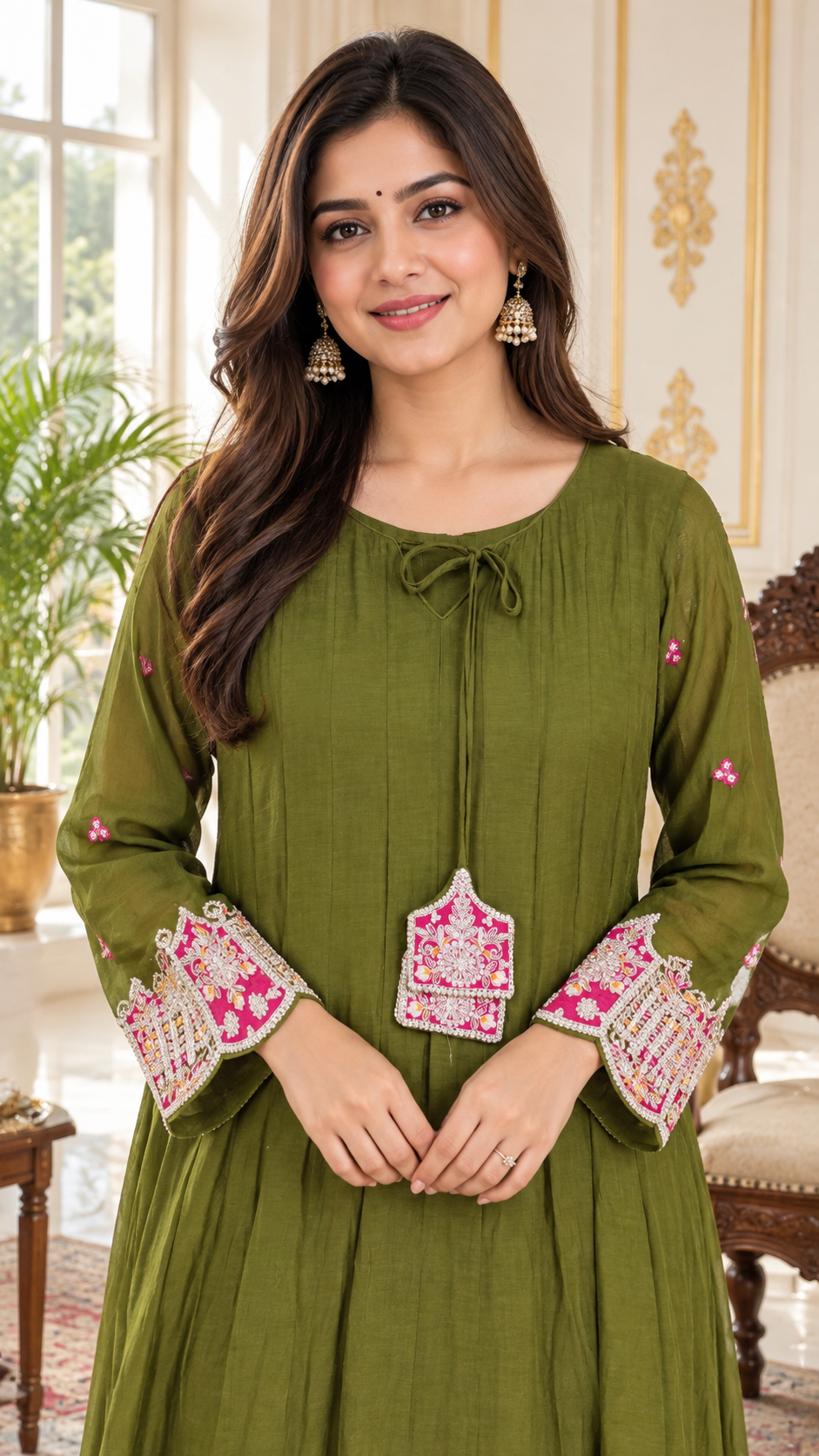 Green Cotton kurta pant dupatta set for women - image 1