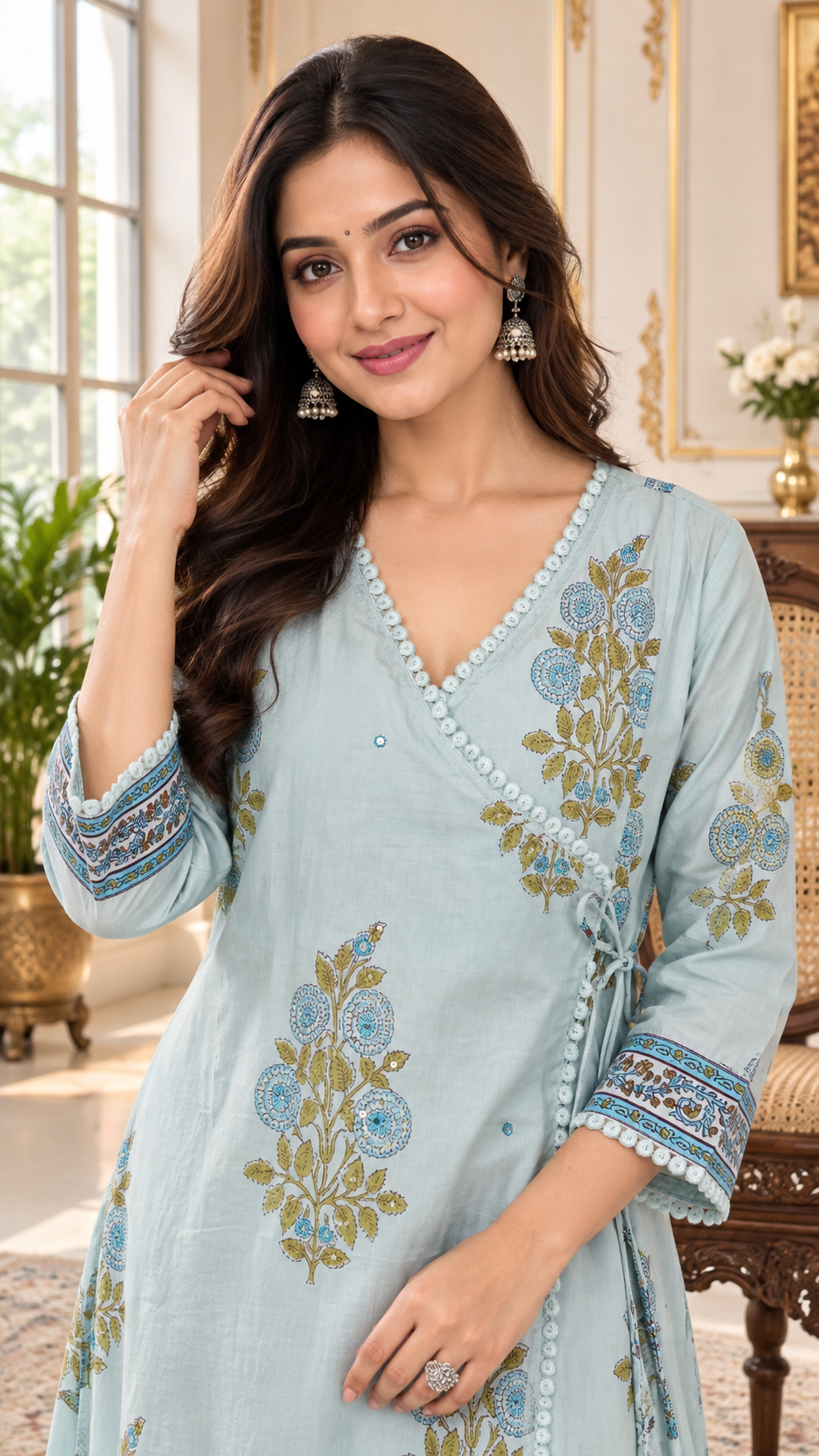 Sky Blue Printed Cotton kurta pant dupatta set for women - image 2