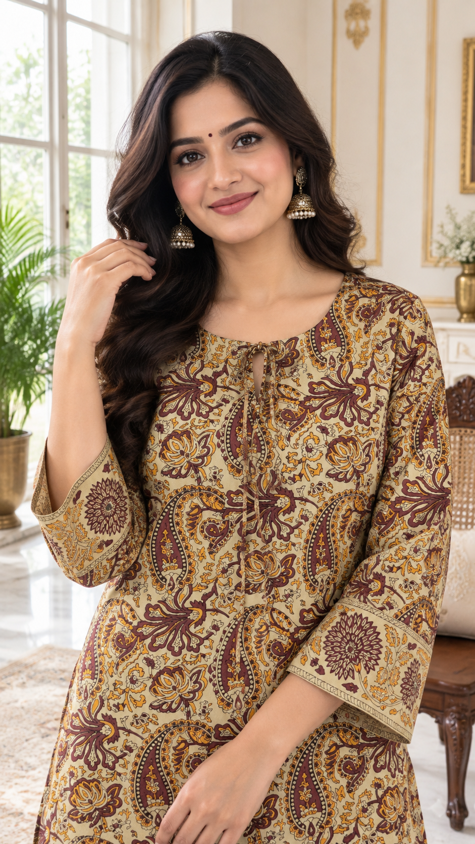 Beige Printed Cotton kurta pant dupatta set for women - image 1