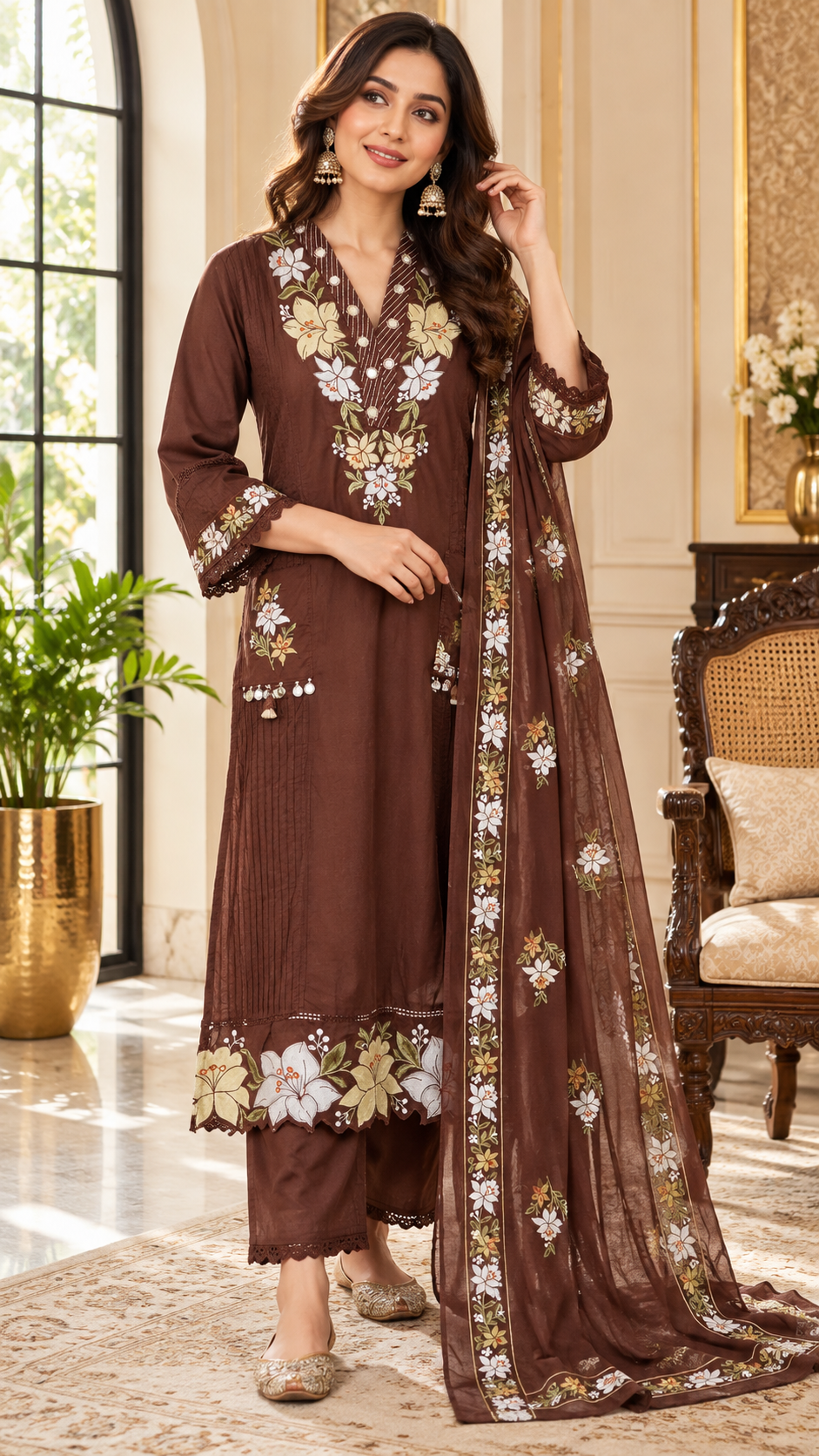 Brown Embroidered Cotton kurta pant dupatta set for women - image 2
