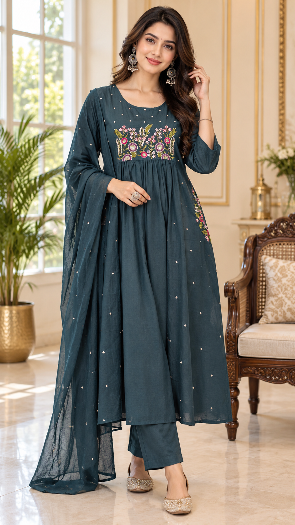 Teal Blue Embroidered Cotton kurta pant dupatta set for women - image 1