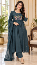 Teal Blue Embroidered Cotton kurta pant dupatta set for women - image 1