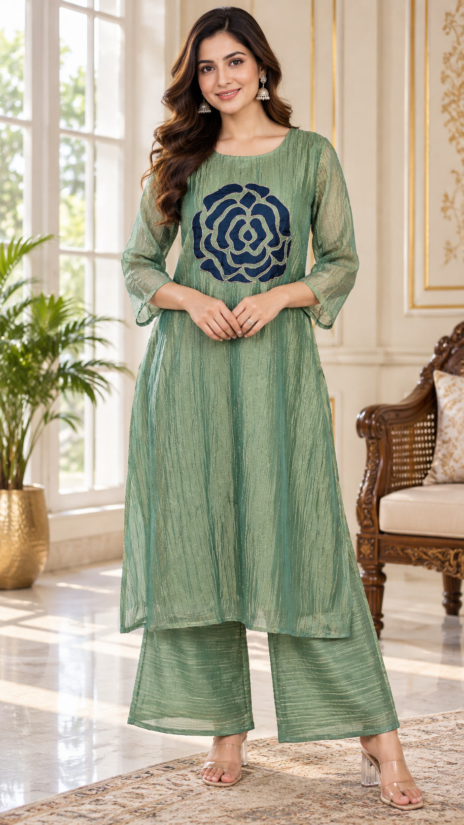 Green Embroidered Tissue co-ord set for women - image 2