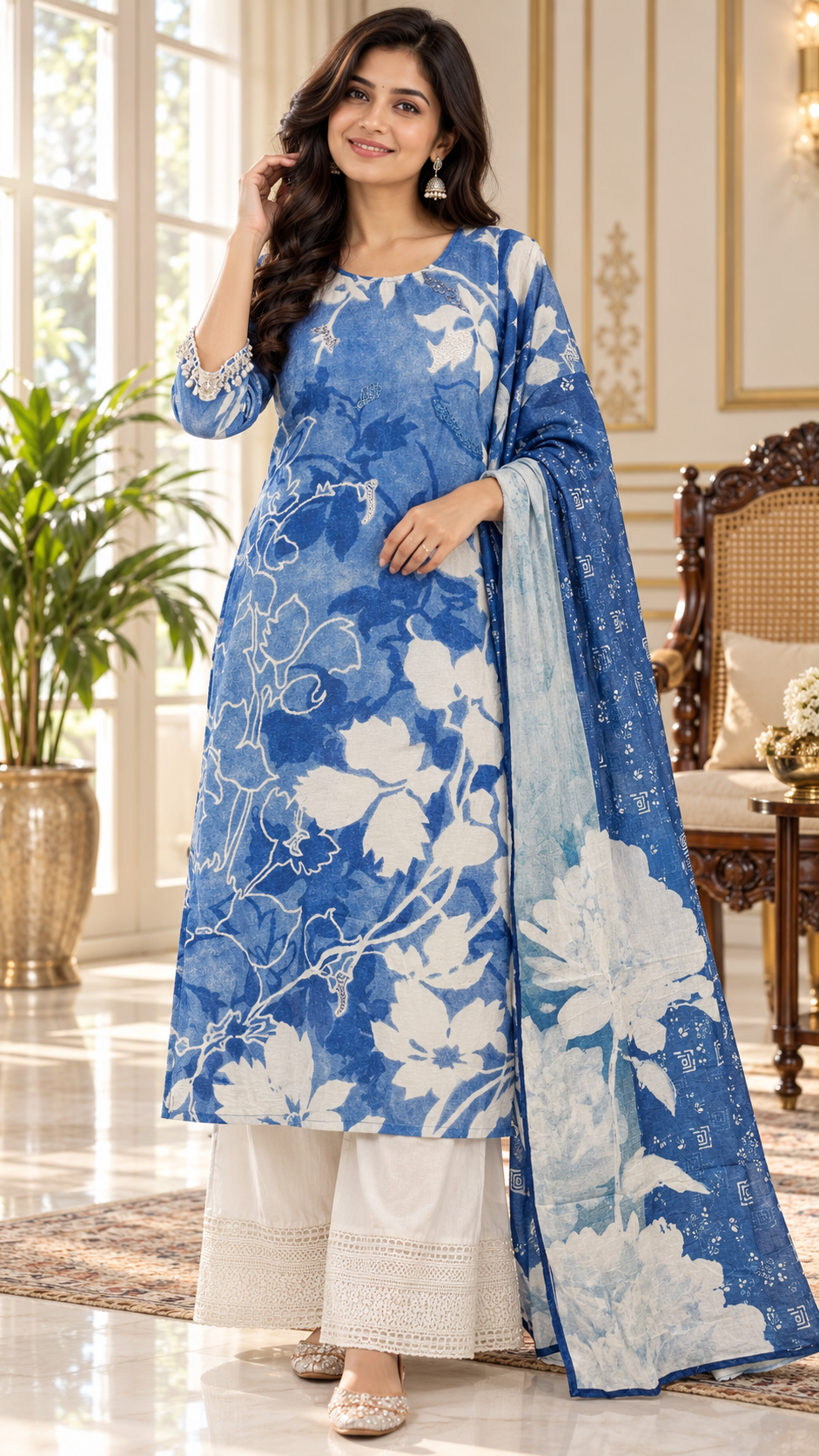 Sky Blue Embroidered Chanderi kurta pant dupatta set for women - image 2