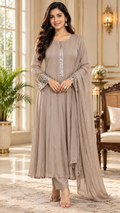 Beige Beads Embroidered Chinon kurta pant dupatta set for women - image 1