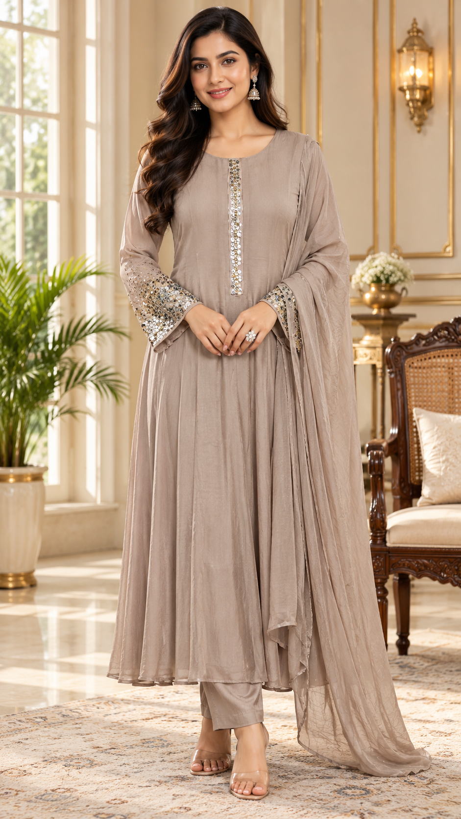 Beige Beads Embroidered Chinon kurta pant dupatta set for women - image 1