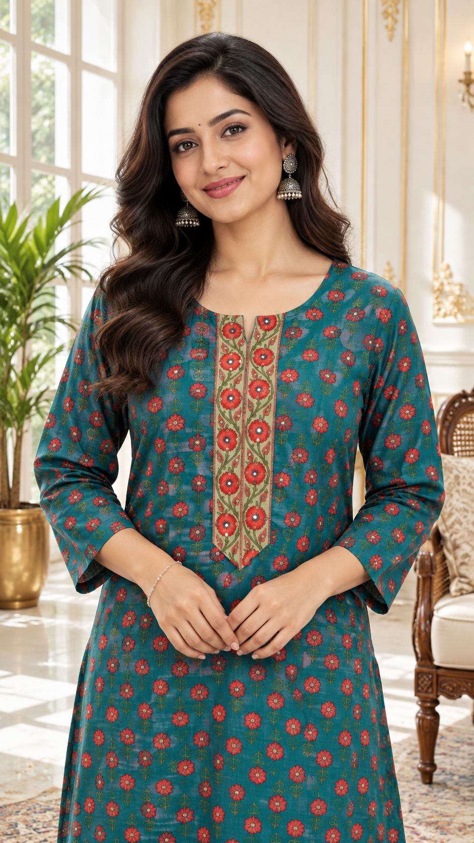 Teal Blue Printed Cotton kurta skirt dupatta set for women - image 1