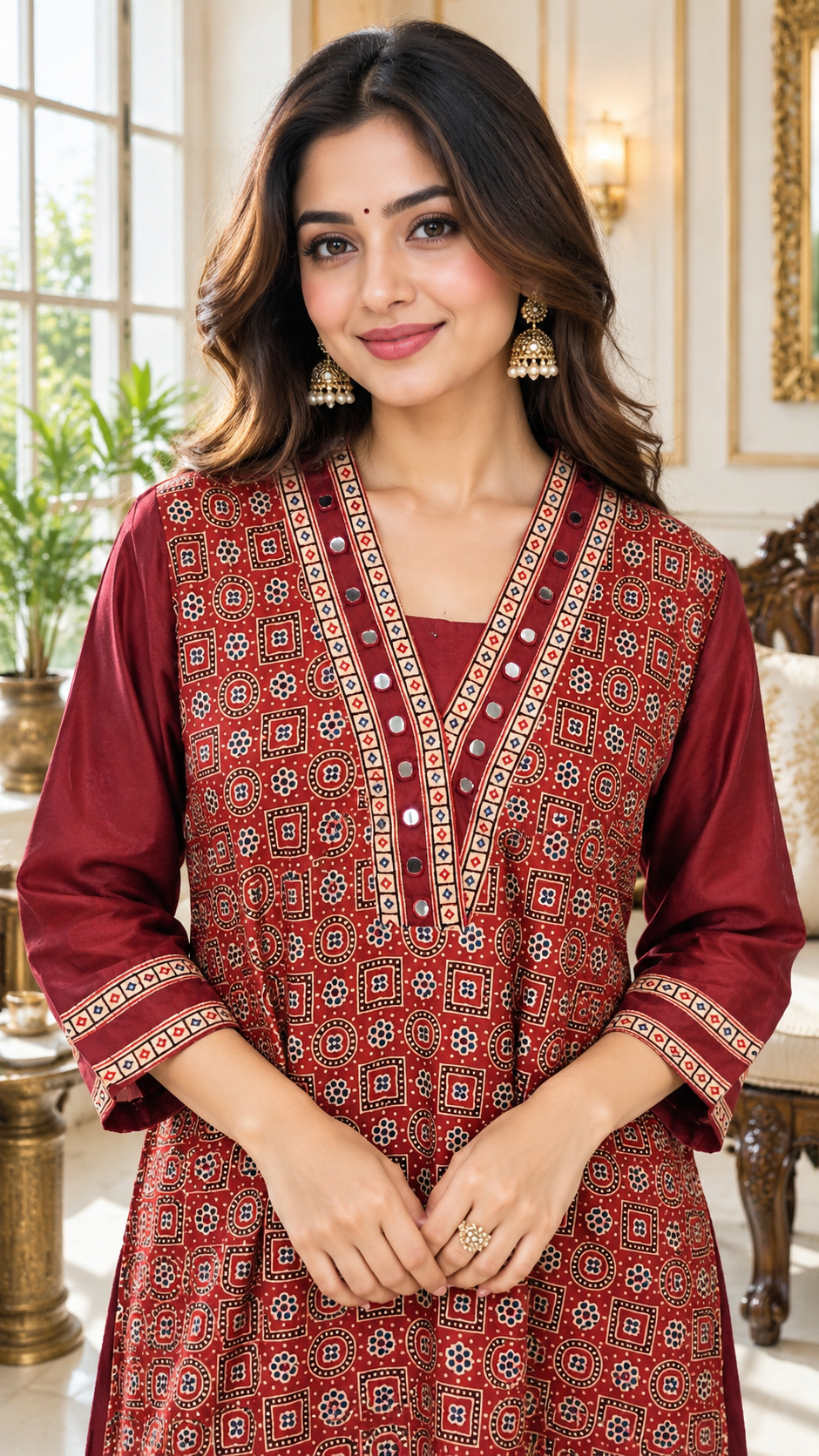 Maroon Mirror Work Silk kurta for women - image 1