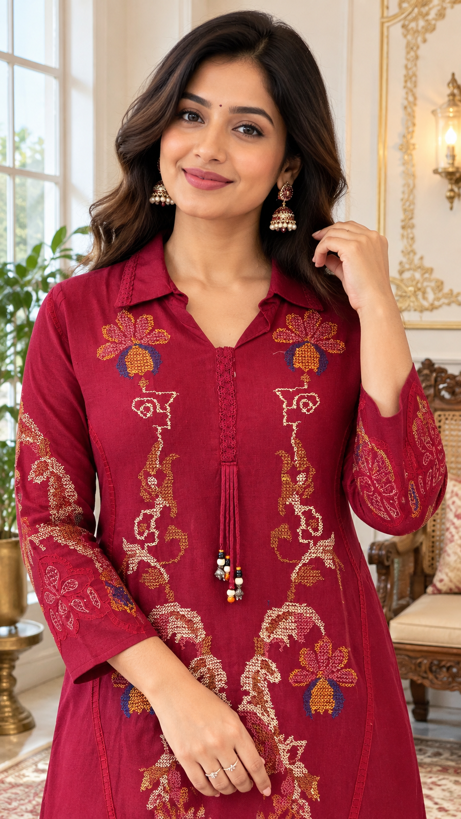 Pink Embroidered Cotton kurta pant dupatta set for women - image 1
