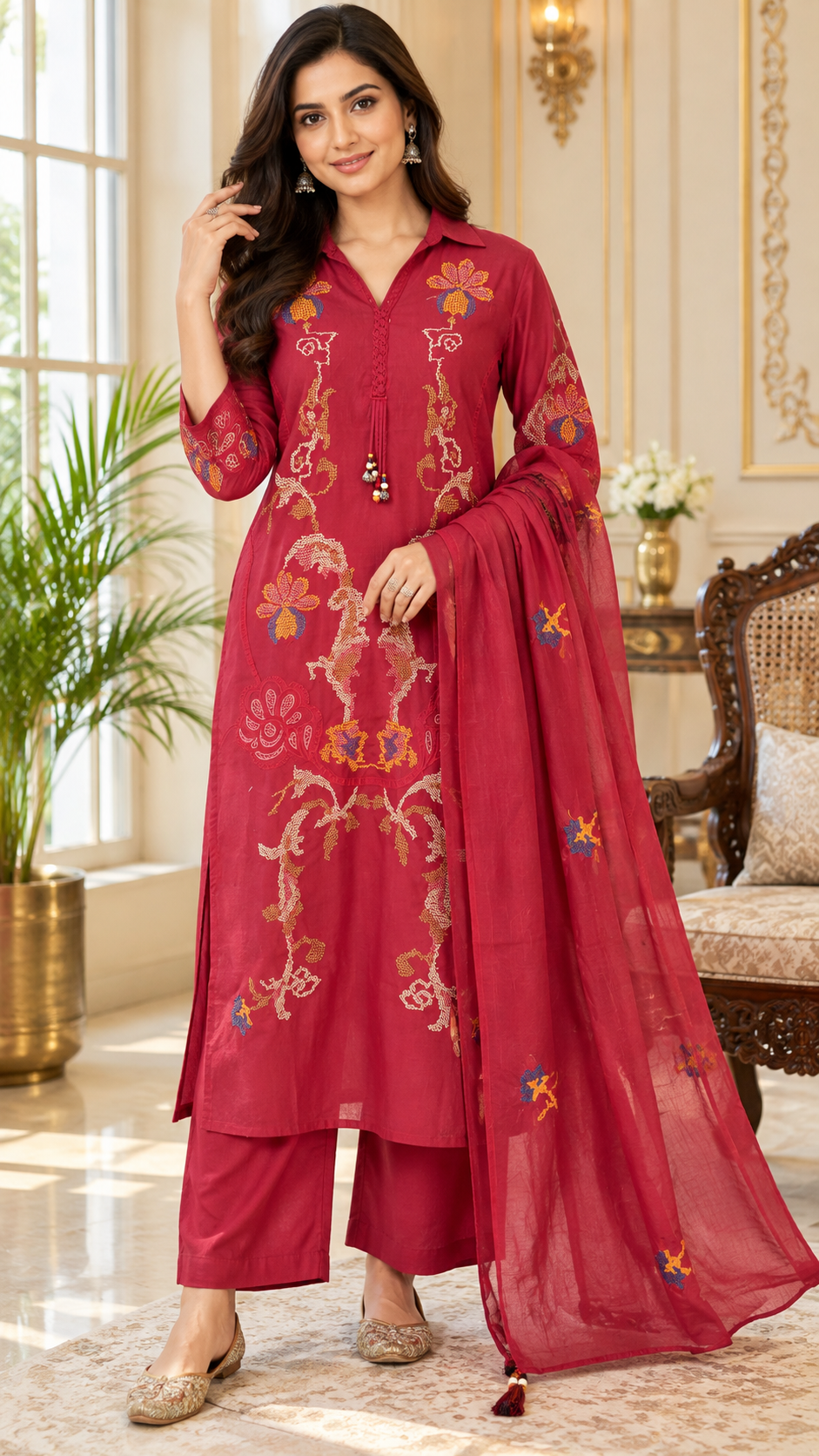 Pink Embroidered Cotton kurta pant dupatta set for women - image 2