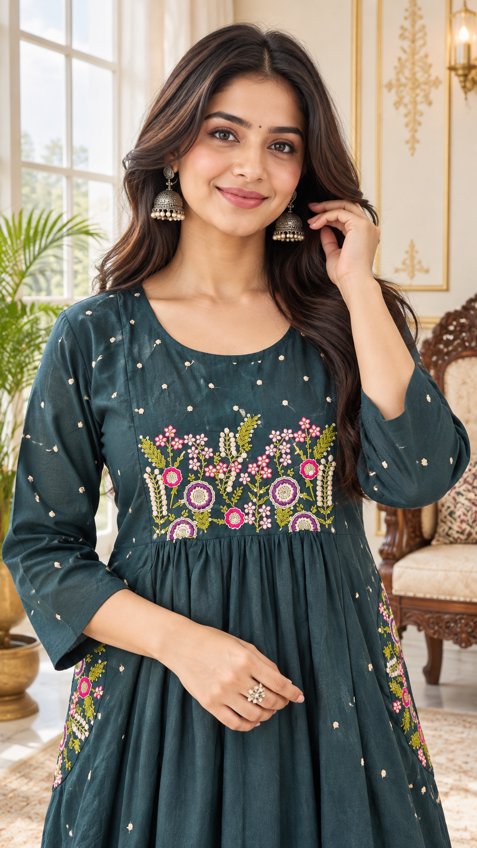 Teal Blue Embroidered Cotton kurta pant dupatta set for women - image 2